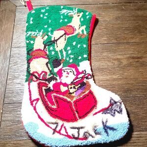 Vintage Christmas Needlepoint Stocking Santa Sleigh Reindeer